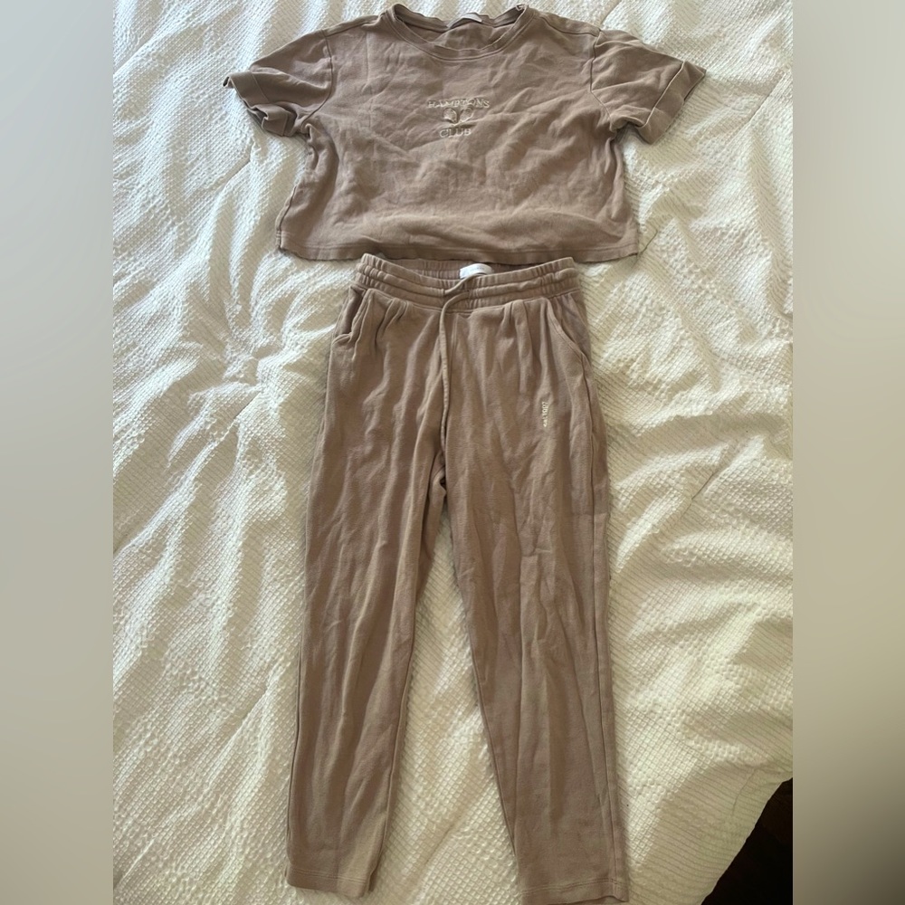 2 piece beige sweats and shirt outfit